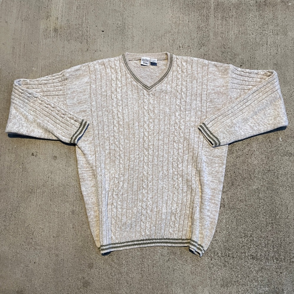 Anchor Blue Men's V-Neck Cable Knit Sweater XL Tan‎ Beige